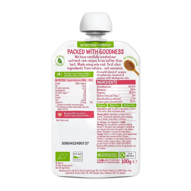 Piccolo organic strawberry, banana and peach baby food pouch, imported from the UK