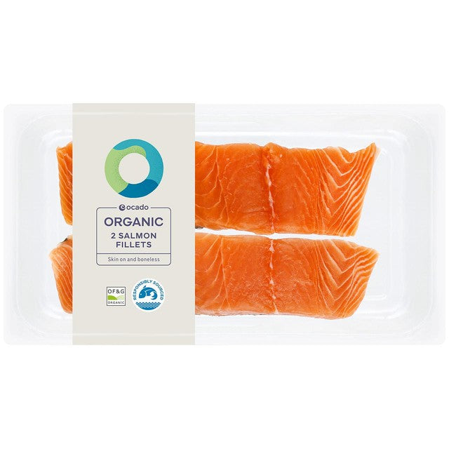 Ocado Organic Salmon Fillets Skin On Boneless 240g, imported from the UK