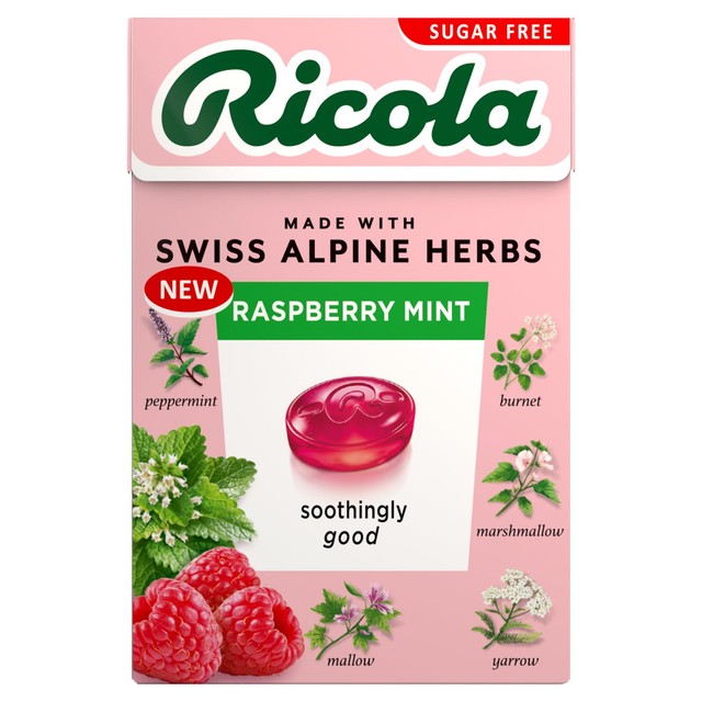 Ricola Raspberry Mint sugar free sweets box, imported from the UK