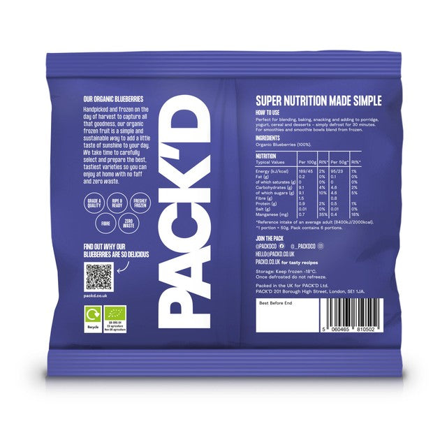 Pack'd organic large sun-ripened frozen blueberries 300g, imported from the UK
