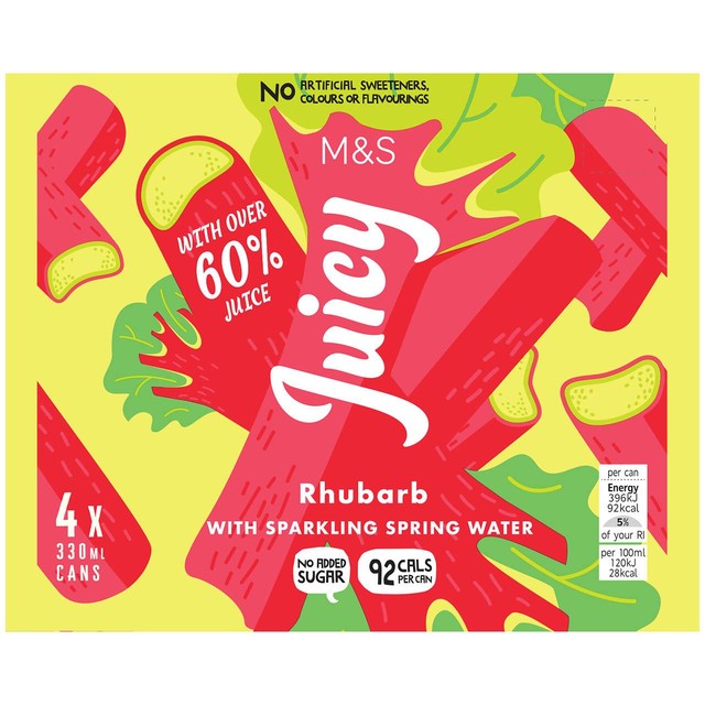 M&S Juicy Rhubarb carbonated juice drink multipack 4 x 330ml, imported from the UK