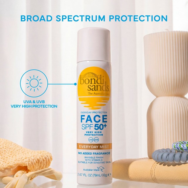 Bondi Sands SPF 50+ face sunscreen mist, imported from the UK