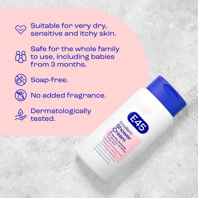 E45 emollient shower cream for dry sensitive skin 200ml - British product