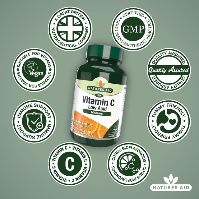 Natures Aid Low Acid Vitamin C 1000mg Tablets, imported from the UK