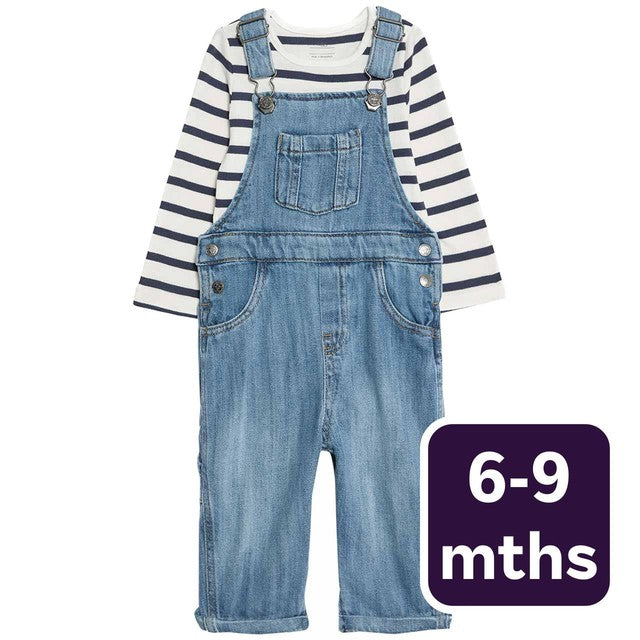 M&S denim dungaree set dark denim 6-9 months, imported from the UK