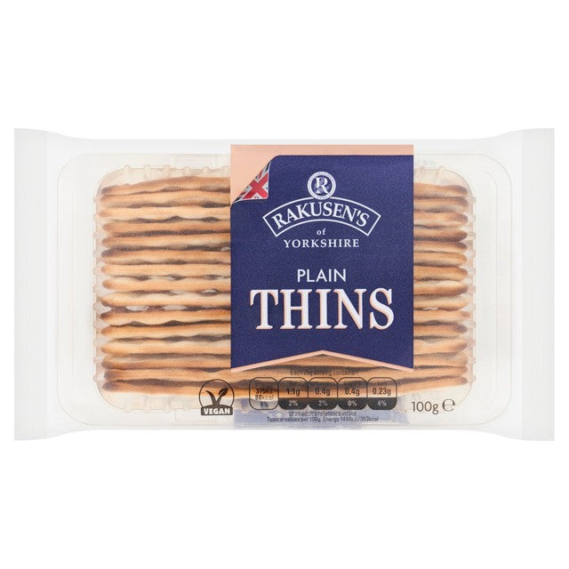 Rakusen's Plain Cracker Thins 100g, imported from the UK
