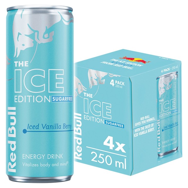 Red Bull Sugar Free Ice Edition Iced Vanilla Berry energy drink 4x250ml, imported from the UK