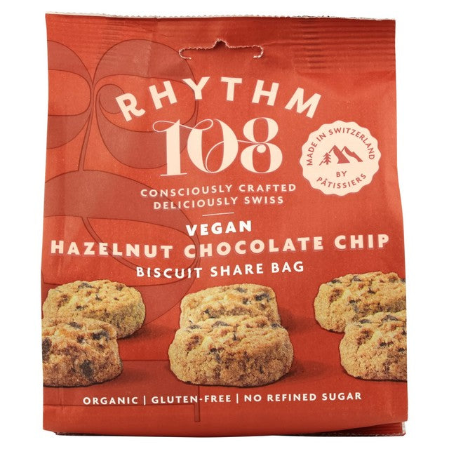 Rhythm 108 vegan hazelnut chocolate chip biscuits 135g, imported from the UK