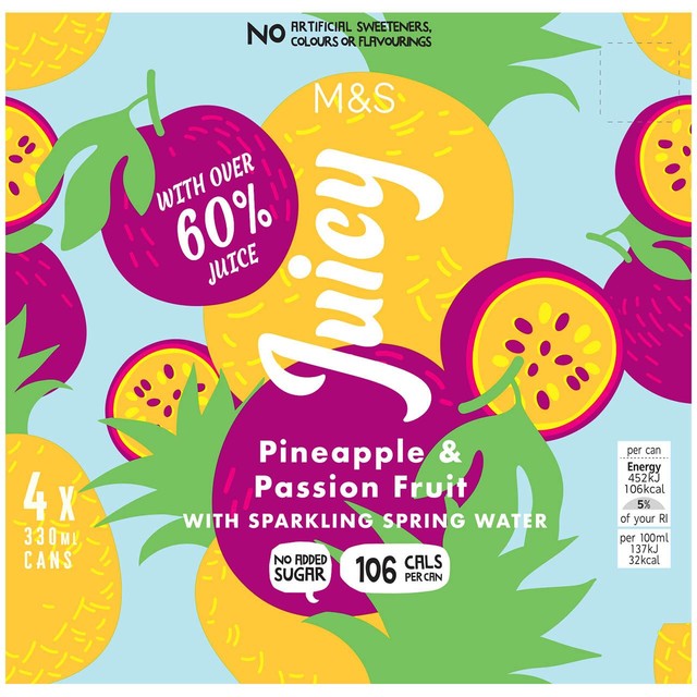 M&S pineapple and passion fruit sparkling water 4 x 330ml, imported from the UK