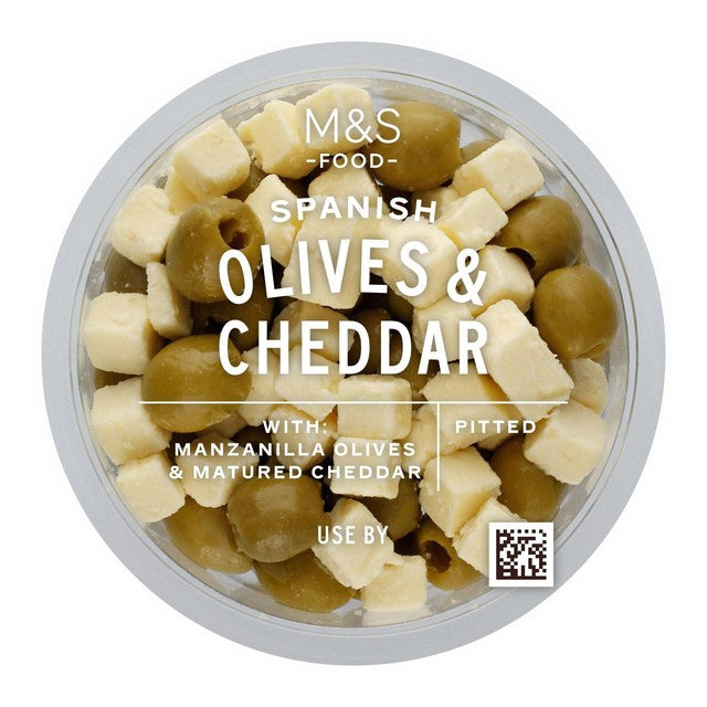 M&S Manzanilla olives and cheddar cheese pot 180g, imported from the UK