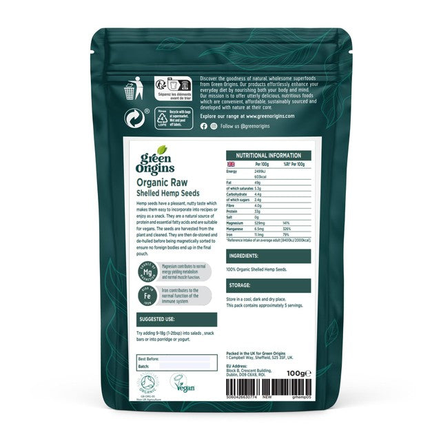 Green Origins Organic Raw Shelled Hemp Seeds 100g, UK version