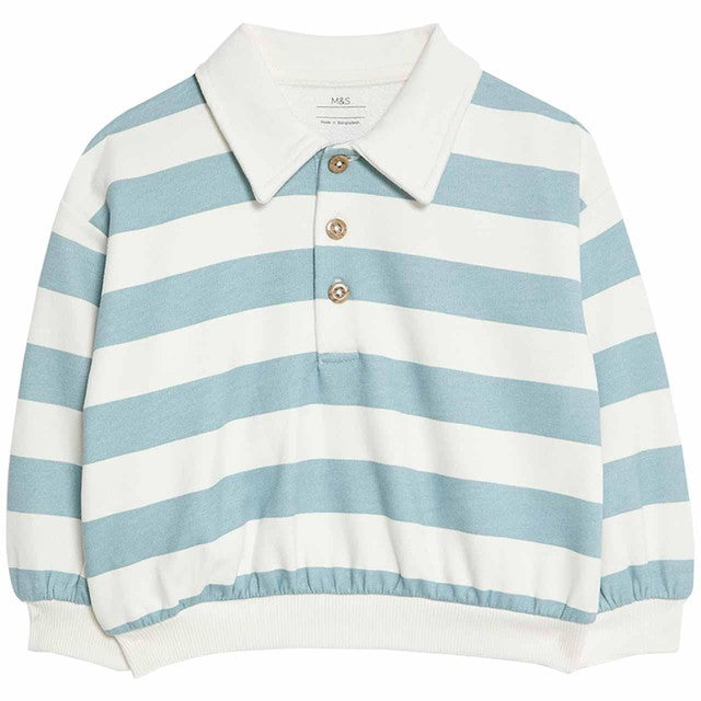 M&S striped rugby long sleeve top blue 6-9 months, imported from the UK
