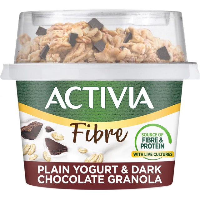 Activia Fibre yogurt dark chocolate granola pot with spoon, imported from the UK