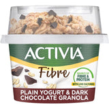 Activia Fibre yogurt dark chocolate granola pot with spoon, imported from the UK