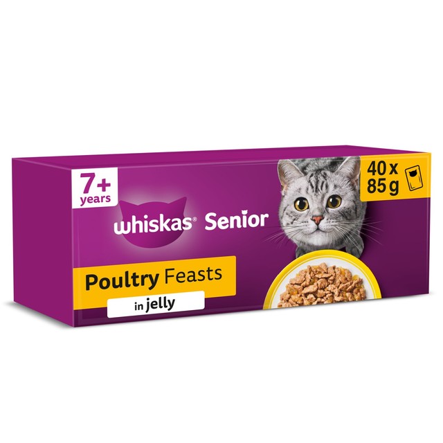 Whiskas 7+ senior wet cat food poultry feasts in jelly, imported from the UK