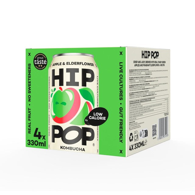 Hip Pop apple and elderflower kombucha drink 4 x 330ml, UK version
