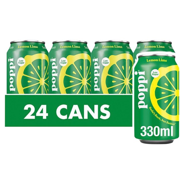 Poppi lemon lime soda in 330ml cans (British brand)
