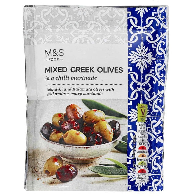 M&S mixed Greek olives in chilli marinade 70g, imported from the UK