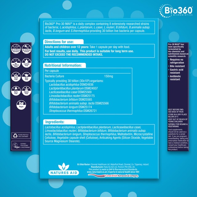 Natures Aid Pro-30 Max Probiotic Capsules 30, imported from the UK