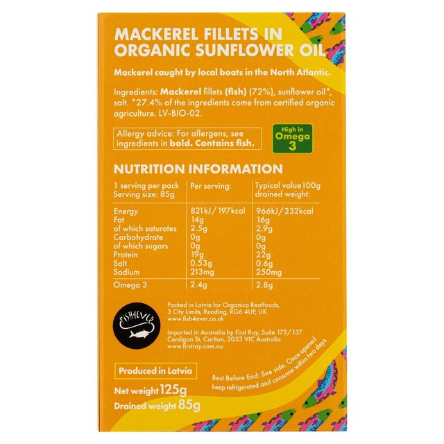 Fish 4 Ever mackerel fillets in organic sunflower oil 125g - British product
