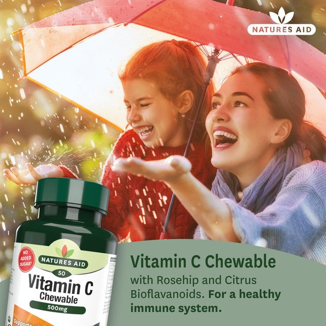 Natures Aid chewable Vitamin C tablets 500mg, imported from the UK