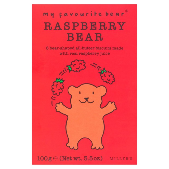 MILLER'S bear-shaped raspberry biscuits 100g, imported from the UK