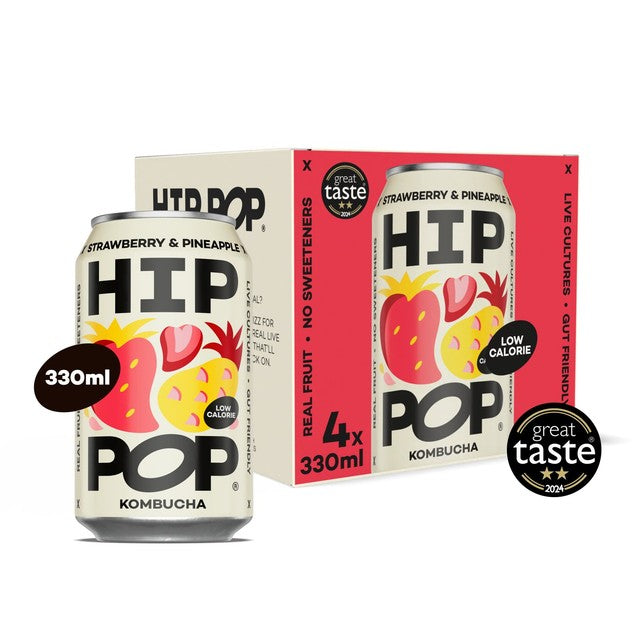 Hip Pop strawberry and pineapple kombucha 4 x 330ml, UK version