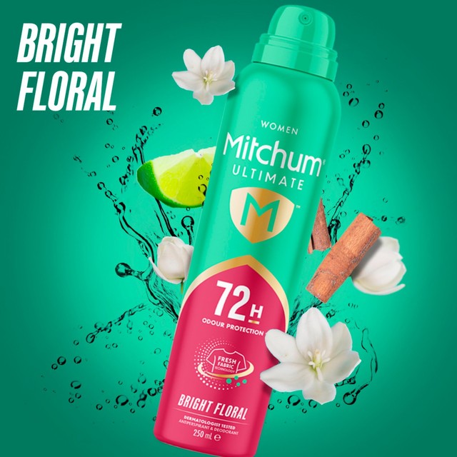 Mitchum anti-perspirant deodorant spray Bright Floral 250ml, imported from the UK