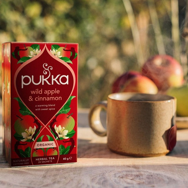 Pukka Herbs wild apple and cinnamon with ginger herbal tea bags 20 teabags, imported from the UK
