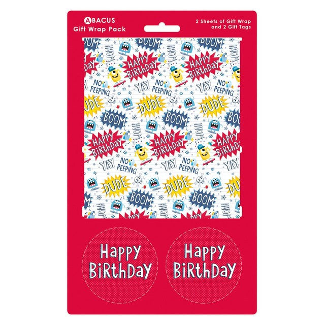 Abacus Birthday Monsters gift wrap pack with tags - British product