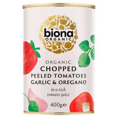 Biona Tomates biologiques concassées à l'ail et à l'origan en conserve 400g