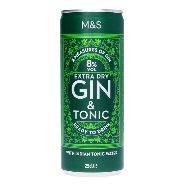 M&S extra dry gin and tonic 25cl, imported from the UK