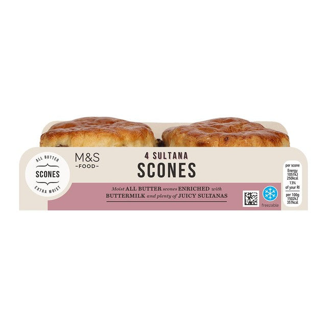 M&S sultana scones 4 pack, imported from the UK