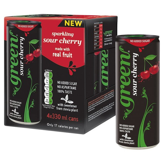 GREEN COLA Sour Cherry sugar-free cola 4 x 330ml cans, UK version