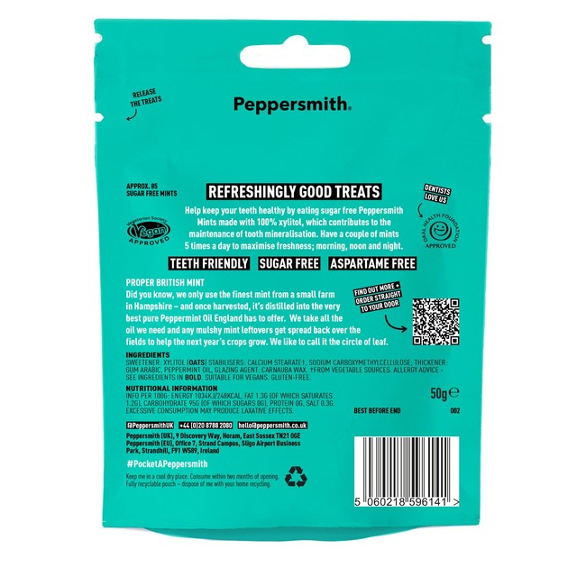 Peppersmith 100% xylitol peppermint mints 50g, imported from the UK