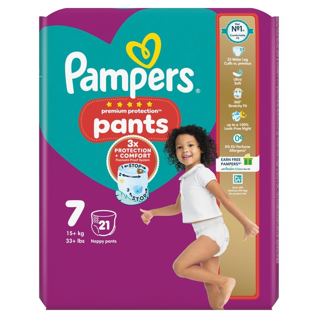 Pampers Premium Protection nappy pants size 7 essential pack, imported from the UK