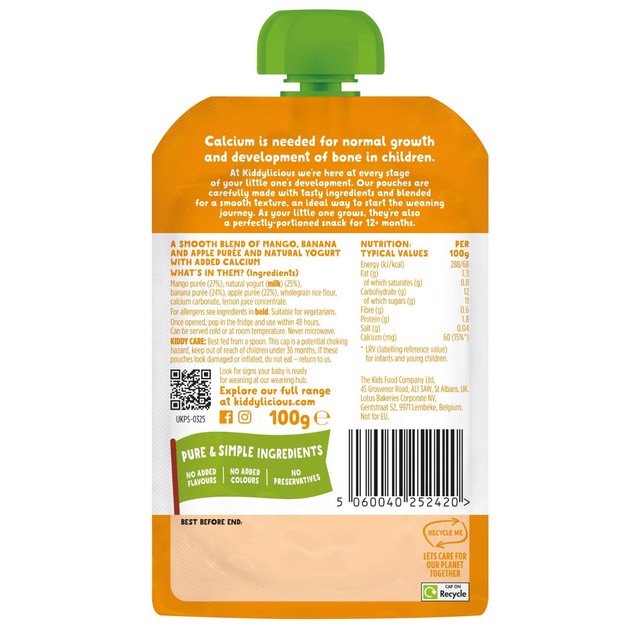 Kiddylicious mango, banana, apple & yoghurt baby food pouch 100g, UK version