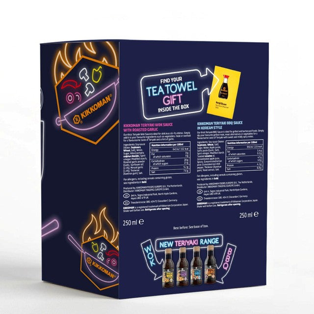 Kikkoman teriyaki gift set with two sauces and tea towels, imported from the UK