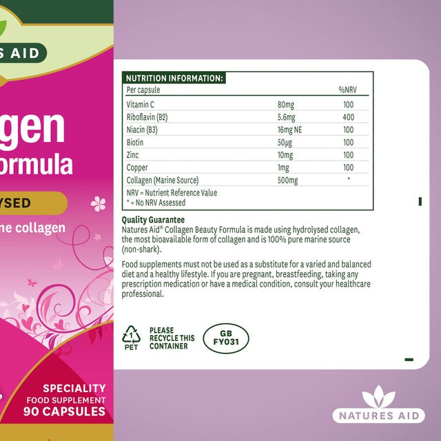 Natures Aid collagen beauty formula capsules 90 count, imported from the UK