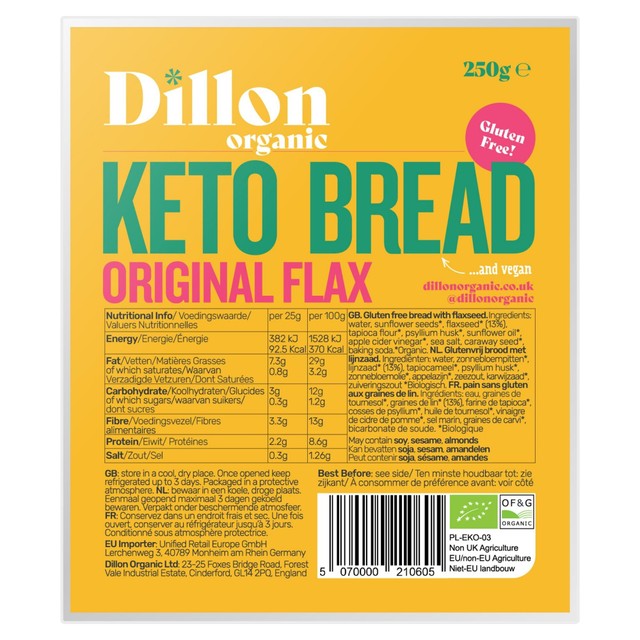 Dillon Organic original flax keto bread half loaf, imported from the UK