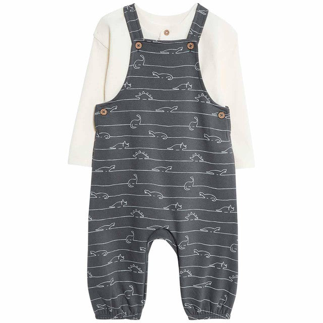 M&S Dino jersey dungarees with T-shirt set, Carbon 9-12 months, imported from the UK