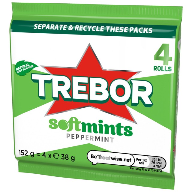 Trebor peppermint mint sweets with chewy centre and crunchy shell, 4 rolls 152g (British brand)