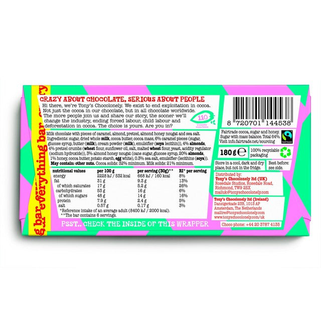 Tony's Chocolonely Milk Chocolate Everything Bar 180g (British brand)