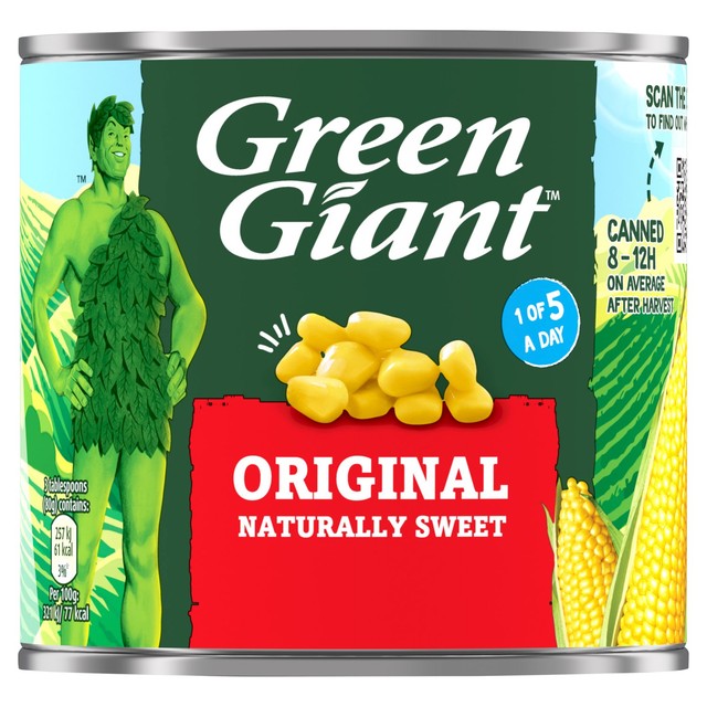 Green Giant sweetcorn kernels in brine, imported from the UK
