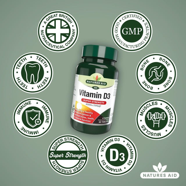 Natures Aid Super Strength Vitamin D3 4000iu tablets 60 pack, imported from the UK