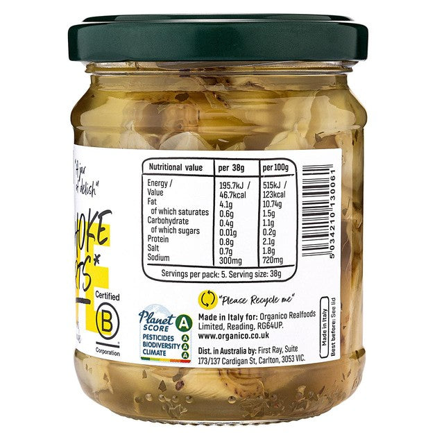 Realfoods artichoke hearts in herb marinade 190g, imported from the UK