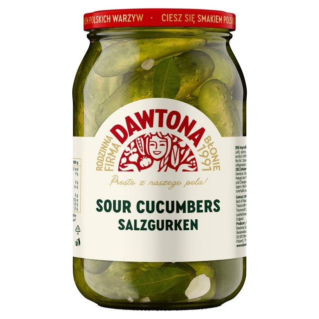 Dawtona sour cucumbers pickled in brine (British brand)