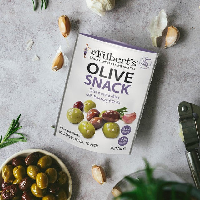 Mr Filbert's mixed olive snacks 50g, imported from the UK