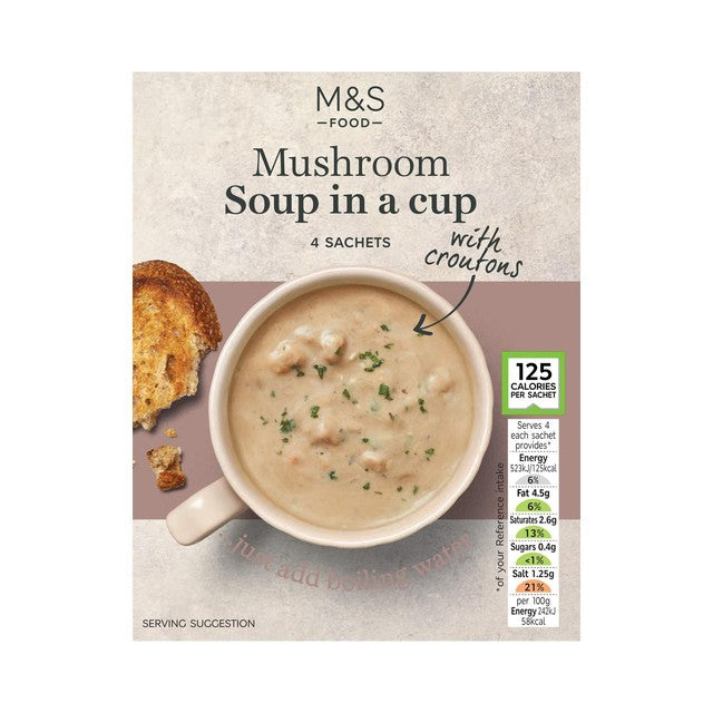 M&S creamy mushroom instant soup mix with croutons 4 x 22g, imported from the UK