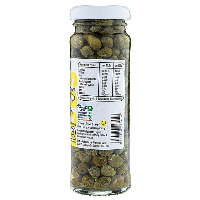 Realfoods by Organico organic capers in brine 100g, imported from the UK